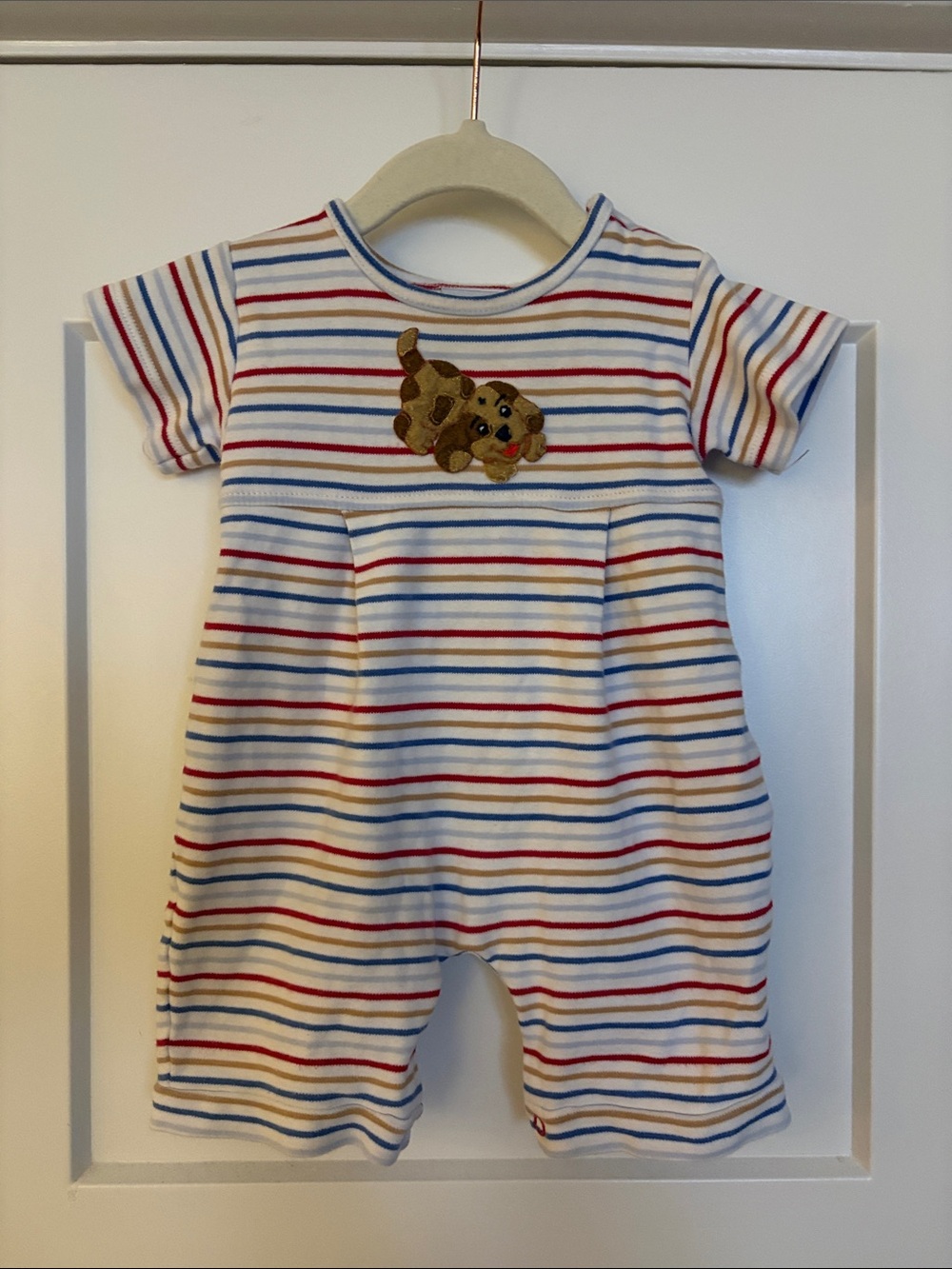 Squiggles By Charlie Striped Baby Romper with Puppy Patch Appliqué 6-9 Months